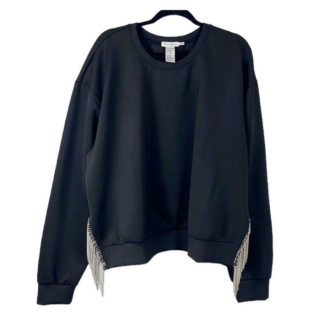 Good American Faux Crystal Fringe Side Slit Sweatshirt Women's Plus 6 = 3X Black
